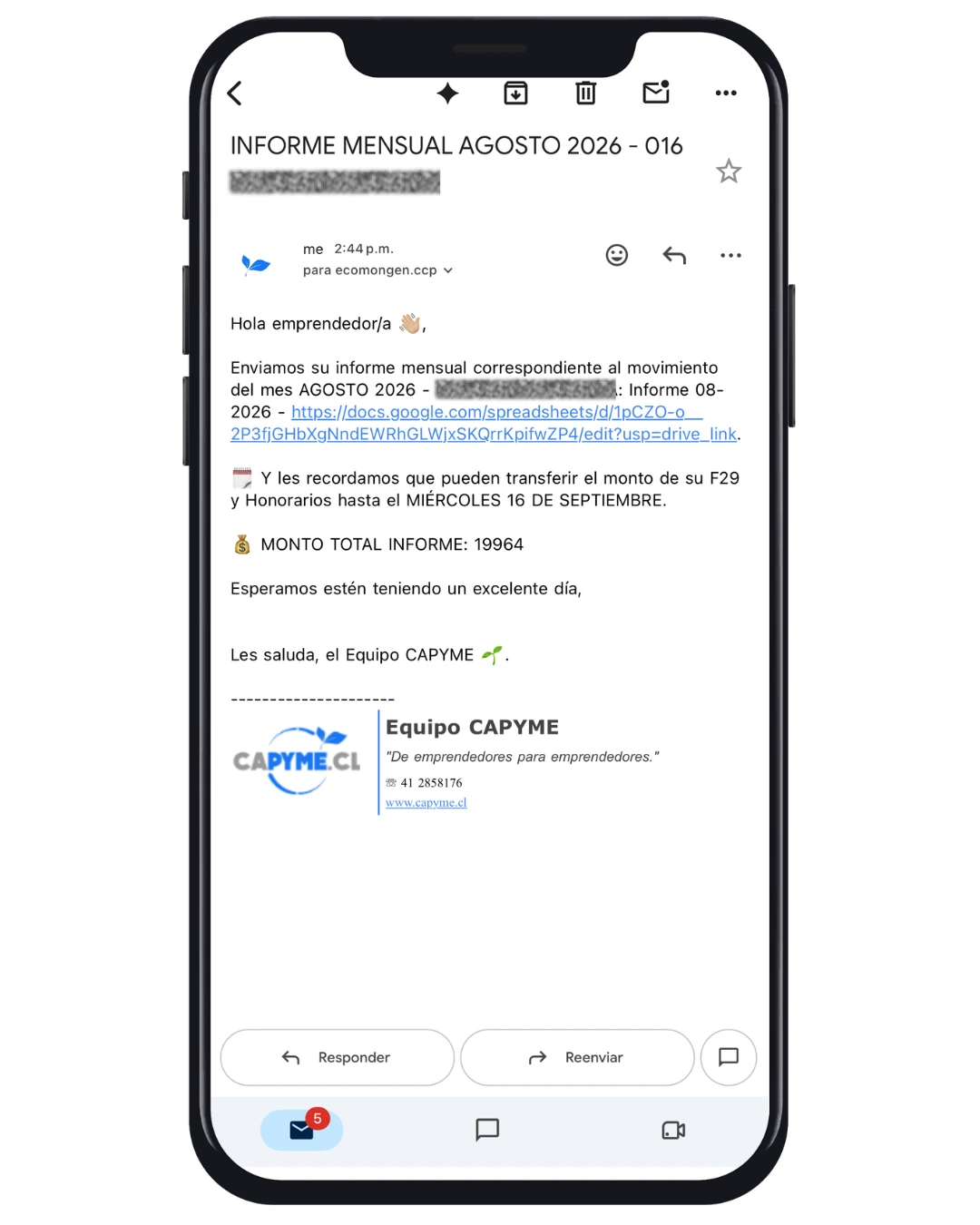 Ejemplo de notificación enviada por CAPYME